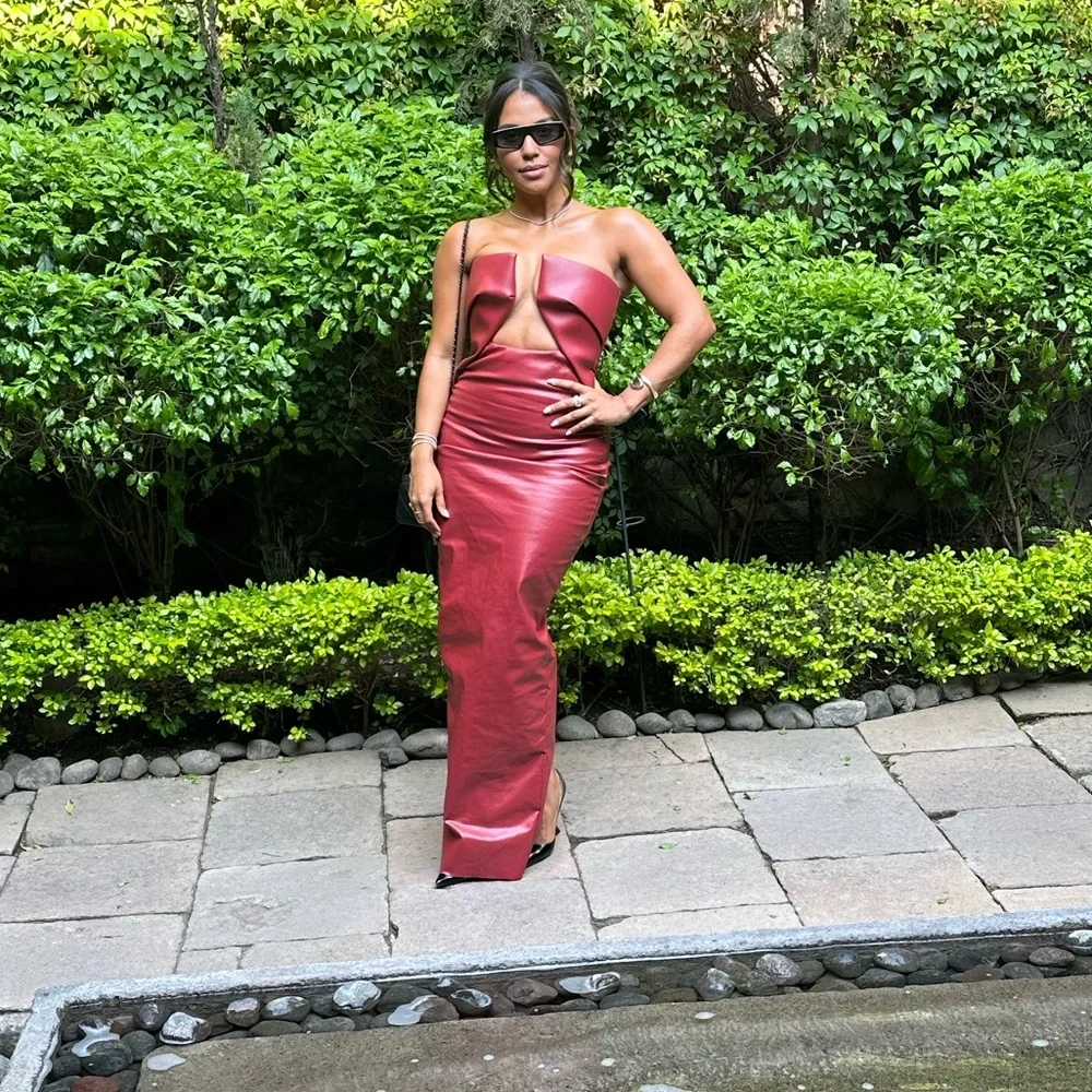 Rick Owen’s Red Leather Look Prong Dress Waxed Denim size 6 IT 42 - Picture 2 of 9